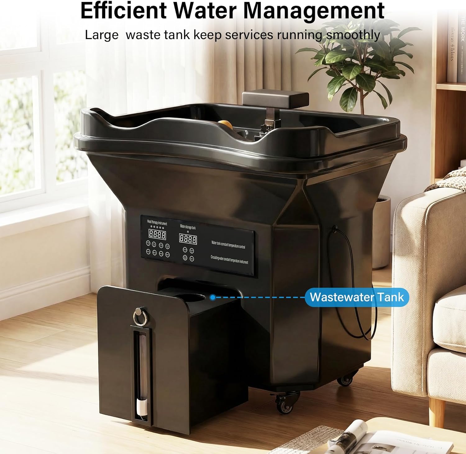 Professional Head Spa Equipment with Thermostatic Waterfall Circulation, 60L Water Tank, Mobile Shampoo Basin with Steam & LED Therapy for Salon Scalp Care (Black)