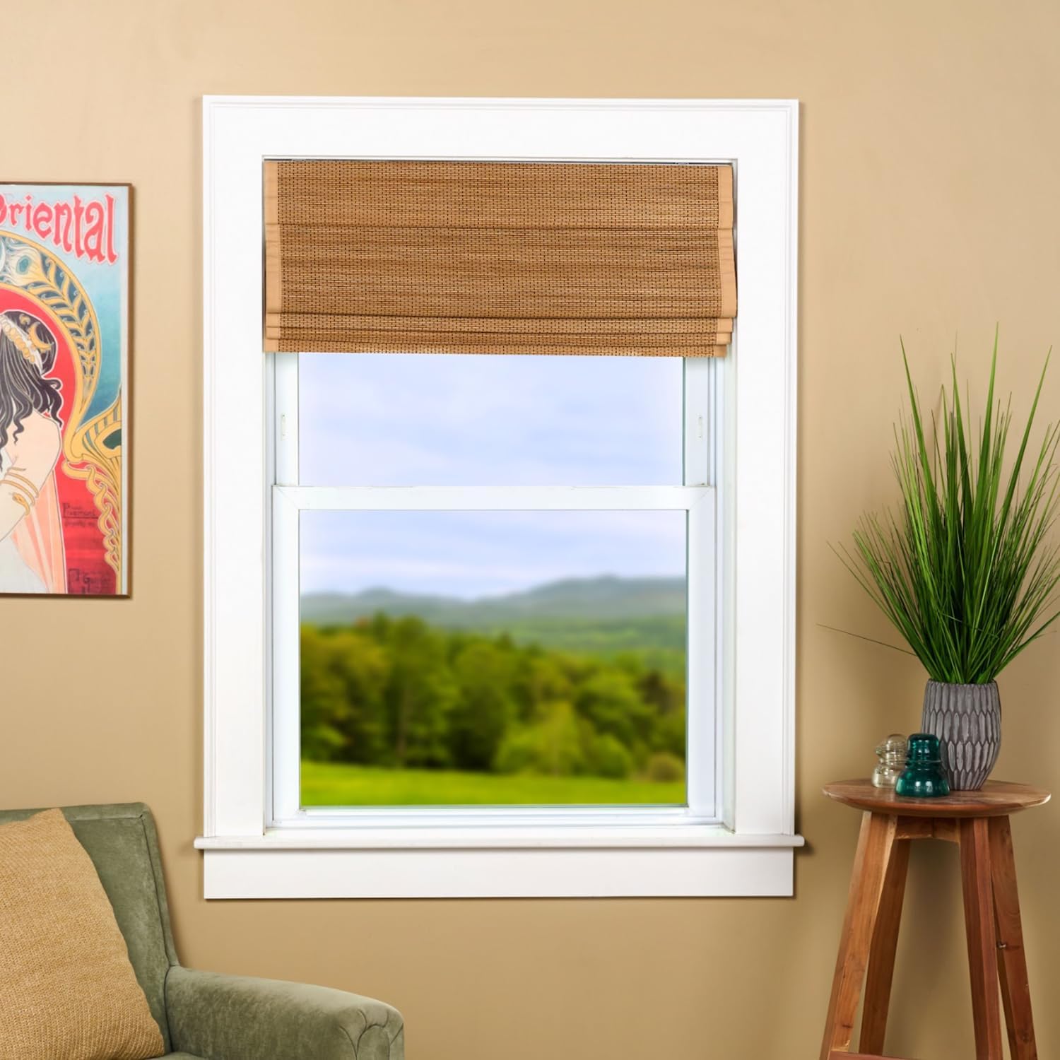Cordless Bamboo Roman Shades Thermal Backed Insulated Room Darkening Bamboo Roman Shades Cordless Roman Shades for Windows (35" W x 63" L)