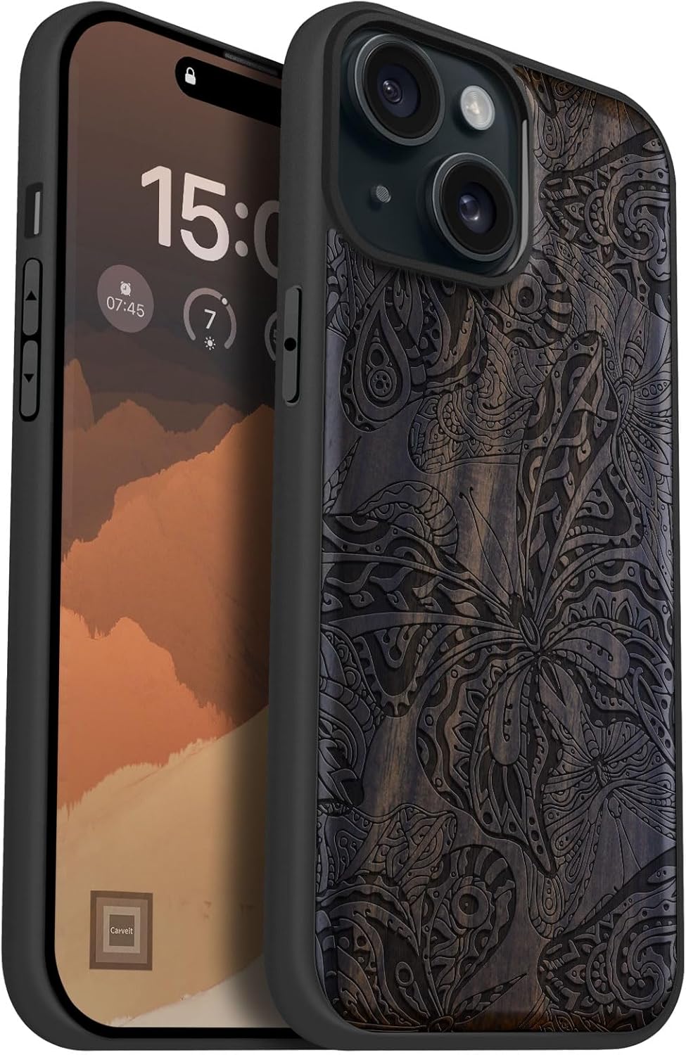 Carveit Magnetic Wooden Case for iPhone 15 Case, Compatible with MagSafe Wireless Chargers, Black Soft TPU Shockproof Cover & Wood Artisan Engraved (Ethereal Butterflies) - Blackwood