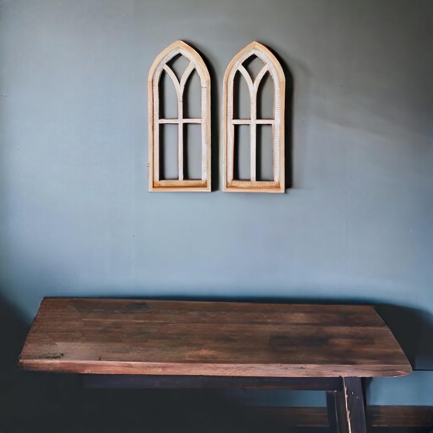 29.25" Farmhouse Wooden Wall Windows Ivory Point Arches Set of 2 - Rustic Cathedral Wood Windows- Ivory Point (Small 29 1/4" H X 12" W X 2" D Each Window)