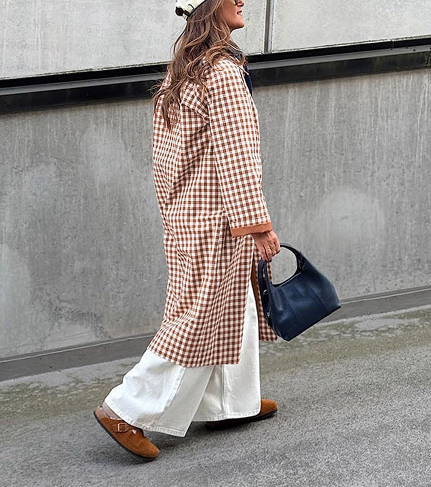 chouyatou Women's 2026 Spring Plaid Long Trench Coat Single Breasted Casual Barn Jacket Outerwear Overcoat