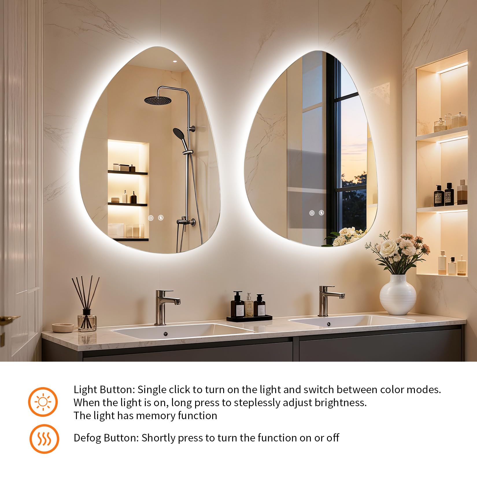 LUVODI Specchio Bagno con Luce Asimmetrico Retroilluminato: Specchio Bagno Irregolare LED a forma di goccia 77x55cm Con Antiappannamento, Touch Dimmerabile Tripla Tonalità 3000K-6000K, Memoria