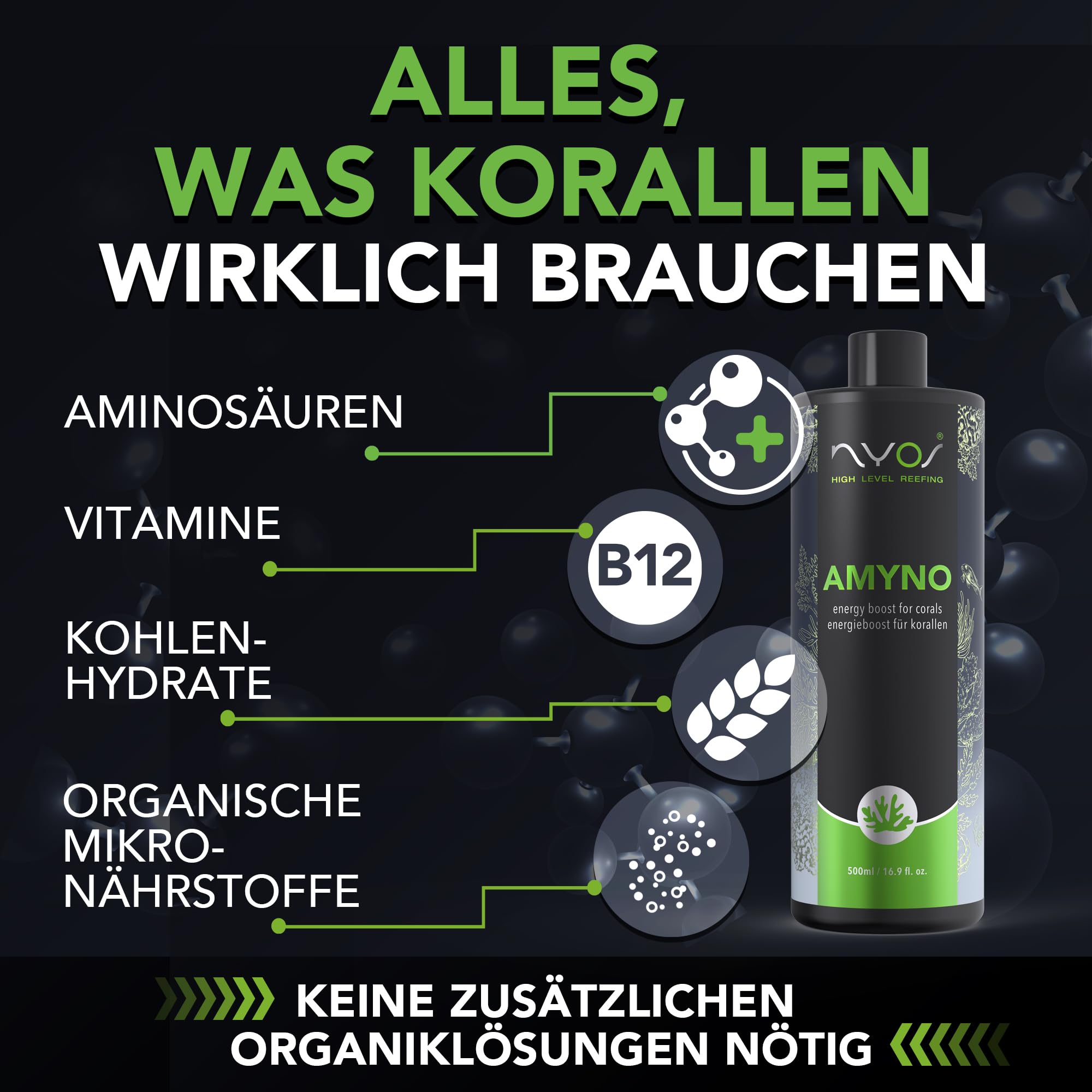 Nyos AMYNO - Organische Versorgung für Korallen - Aminosäuren für Meerwasseraquarien, Wachstum & Farbe, für alle Korallenarten geeignet, 500 ml