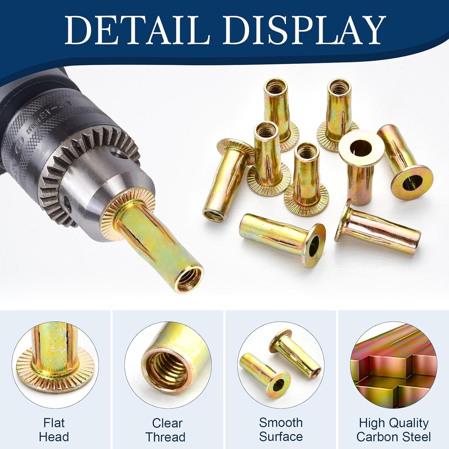 100 Pcs 1/4''-20 UNC Rivet Nut, Carbon Steel Flat Head Rivnut, Multi Grip Rivet Nuts, Zinc Plated Pre-Bulbed Shank, Gold Flat Head Insert Nut for Industrial Household Items