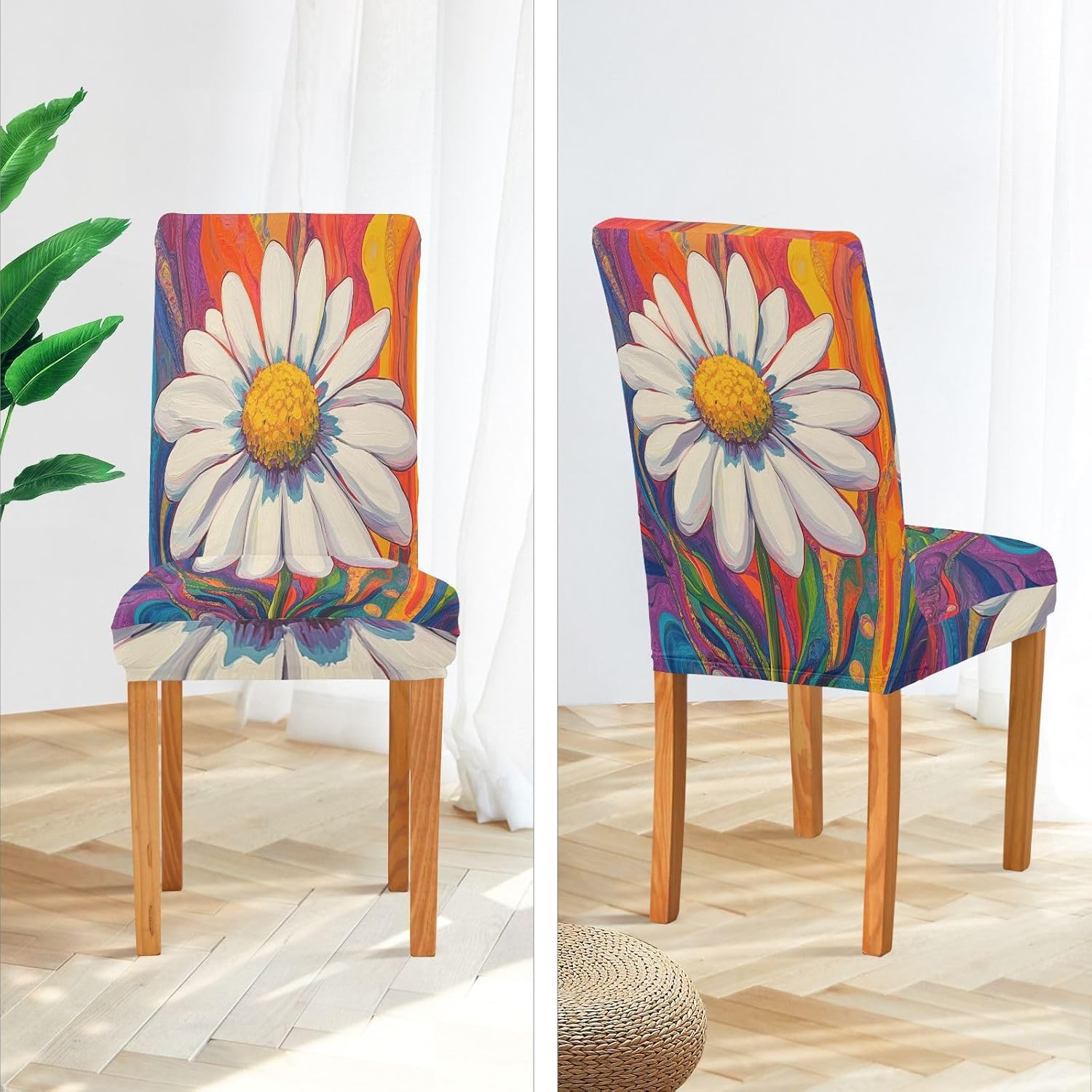 ALAZA Chair Covers for Dining Room, Daisy Groovy Spring Trippy Plant Stretch Chair Cover Sets Chair Protector Removable Washable for Ktichen Restaurant Hotel