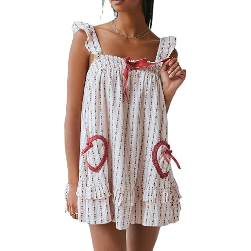 HOXIJIA Women Cute Floral Printed Mini Dress Sleeveless Bow Front Loose Ruffled Short Dress Summer Gingham Babydoll One Piece