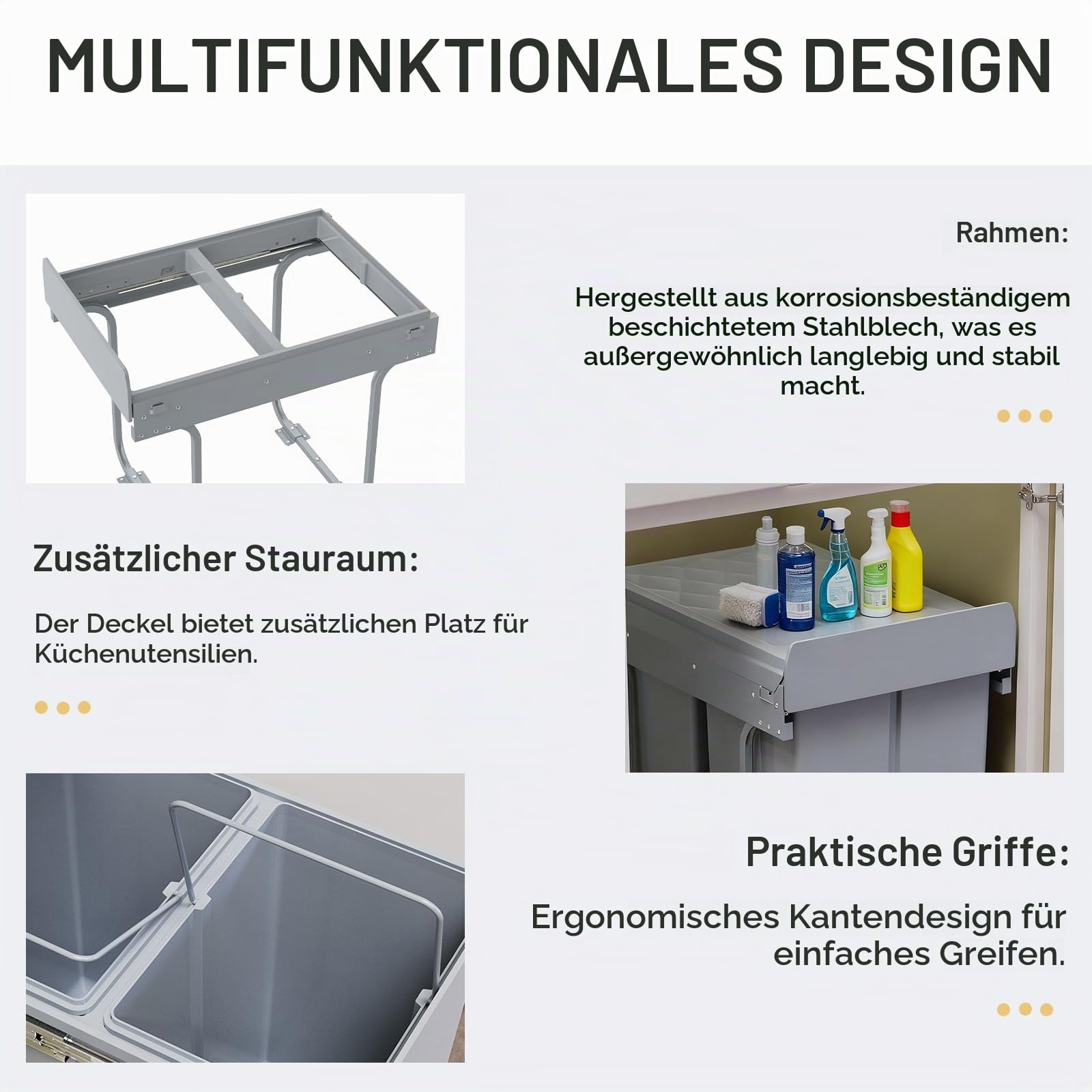 Soontrans Mülleimer Küche Unterschrank, Einbaumülleimer Küche mit 2x 20L Ausziehbarer Abfalleimer, Teleskopschienen, Mülleimer unter Spüle, Stahl und Kunststoff, Abfallsammler Mülltrennsystem(Grau)