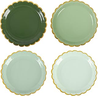 Pink Scalloped Party Plates Gold Foil Border Paper Plates Disposable 9inch Gradient Serving Plates for Birthday Wedding Bridal Baby Shower Party Supplies (24, sage green)