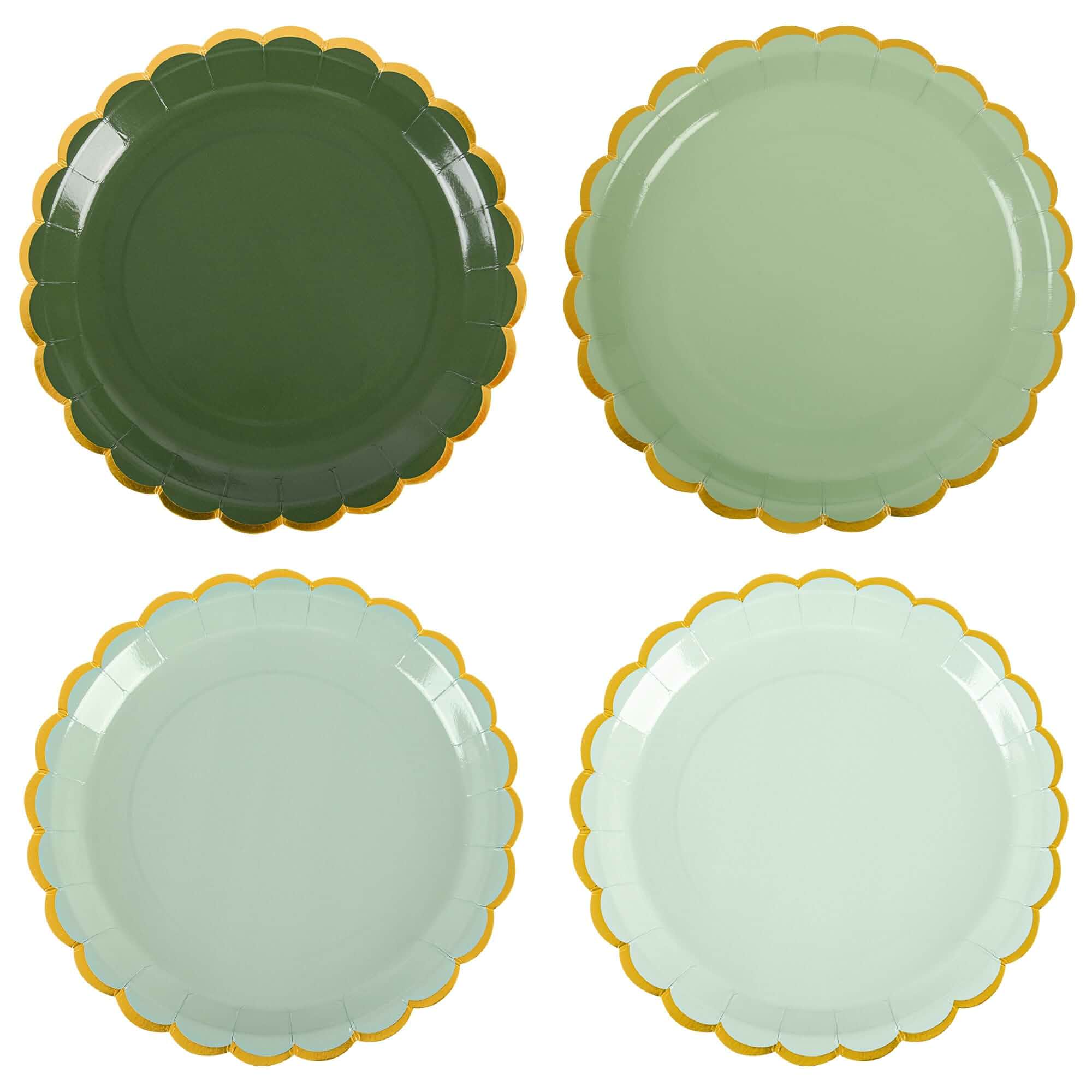 AimFun 24Pcs Sage Green and Gold Scalloped Paper Plates 9InchGold Foil Edge, 4 Gradient Colors, Disposable Party Plate for Christmas Birthday Wedding Bridal Baby Shower Party Supplies