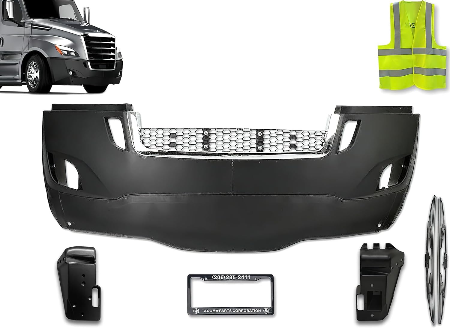 KOZAK Complete PLASTIC Bumper with Chrome Fog Lamp Hole with air flow deflector and Mounting Bracket Compatible with Cascadia 2018+ PLUS Logo, 2x 22" Wipers, License Plate Frame and Vest