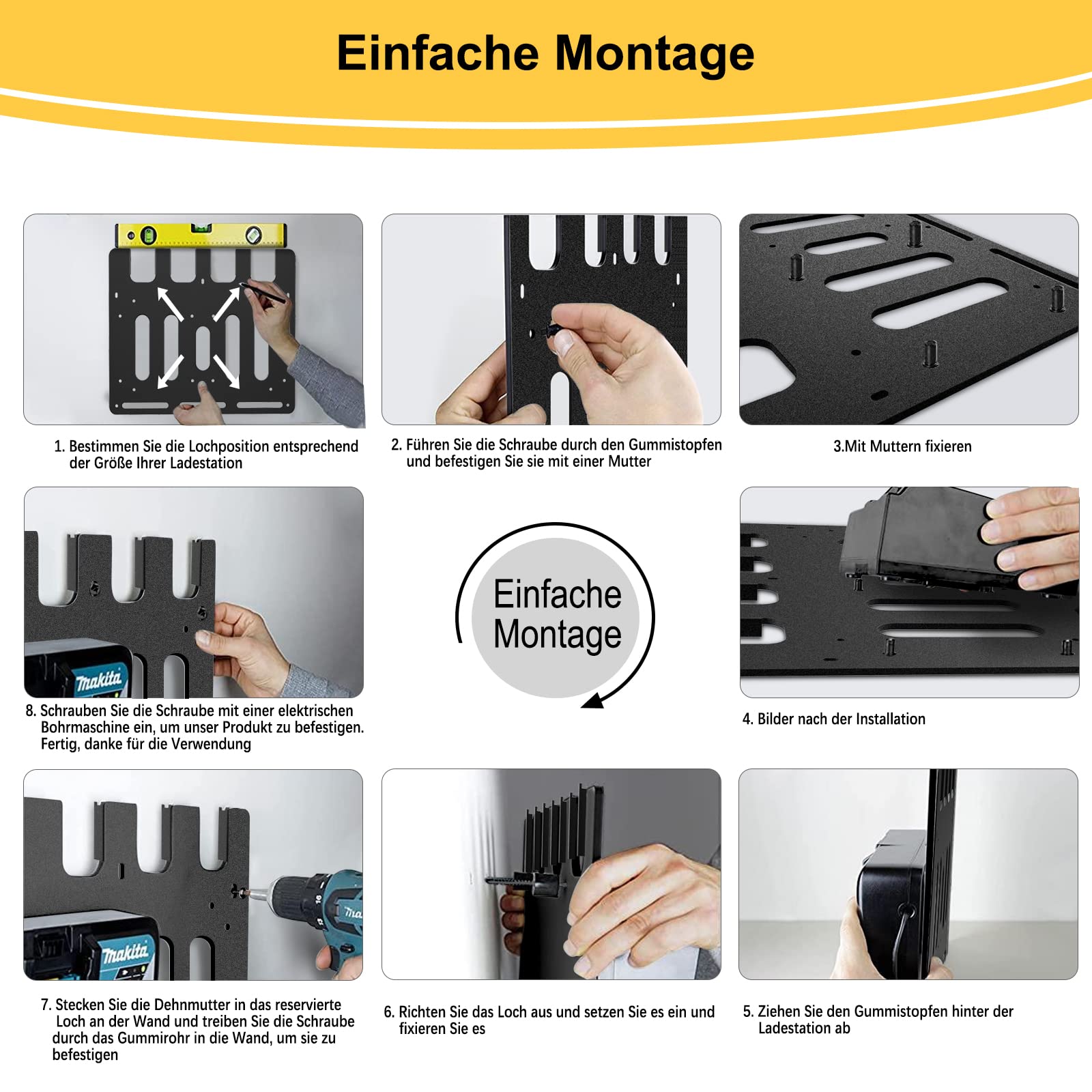 Bonna Support mural pour support de batterie Makita et chargeur mural | Lot de 4 supports de batterie stables 18 V 14,4 V et support de chargeur | Makita 2 x DC18RC et 1 x DC18RD