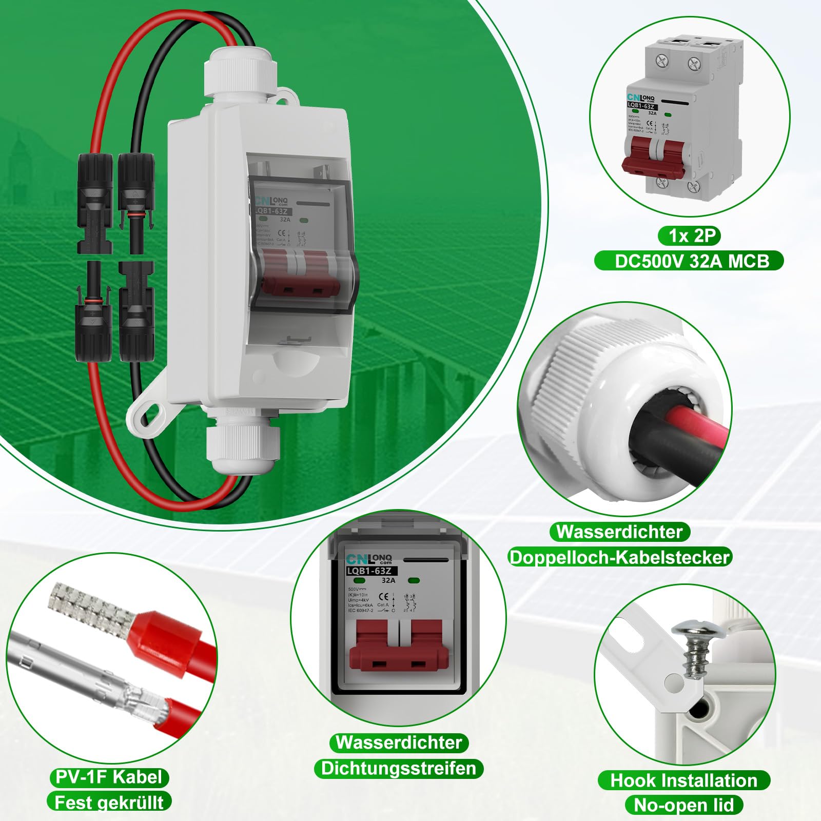 DC Trennschalter PV Anlage 32A 500V Sicherungsautomat 2polig IP65 Wasserdicht mit Kabel und Haken für Solarmodule Einspeisesteckdose Balkonkraftwerk
