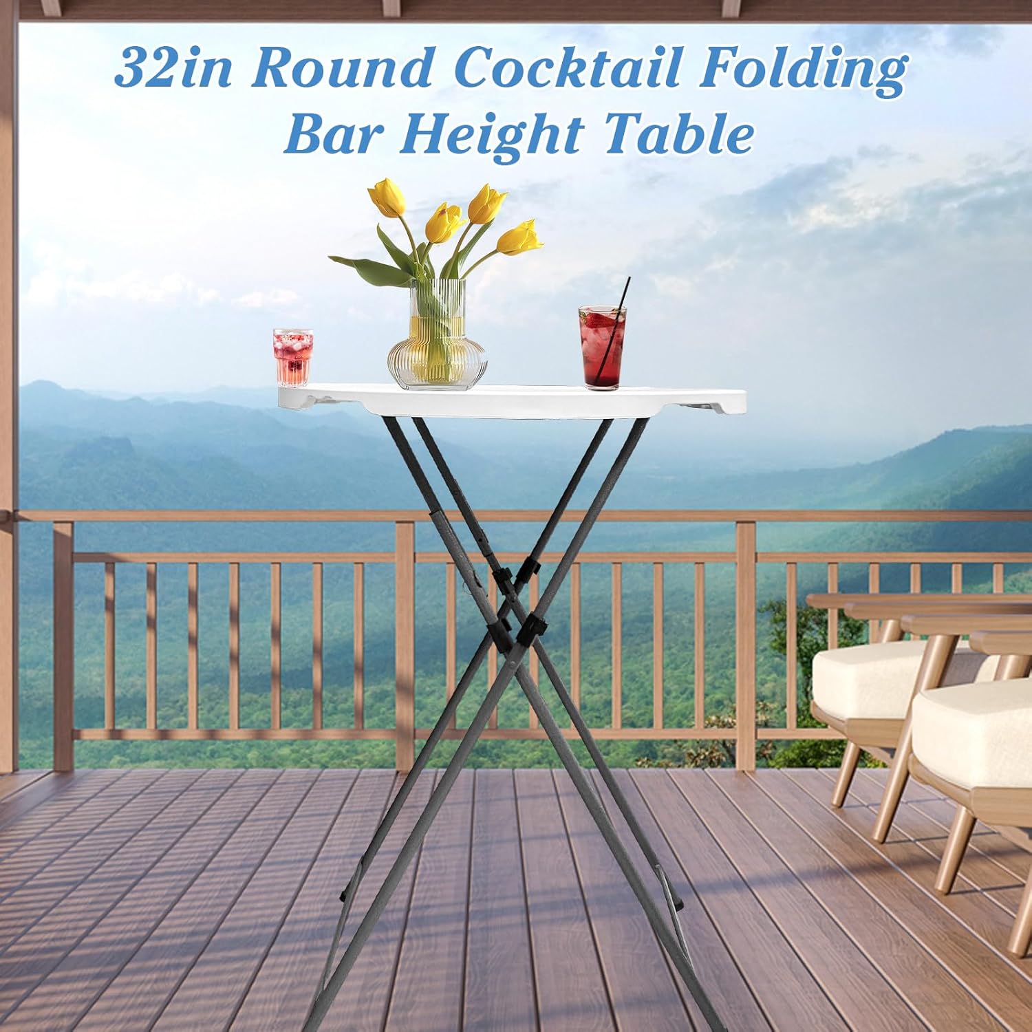 32'' Folding Cocktail Table 2 Pack, Outdoor Round Folding Tables Dining Bar Height with Metal Frame and Locking Steel Legs for Parties and Commercial Events (White, 2PC)
