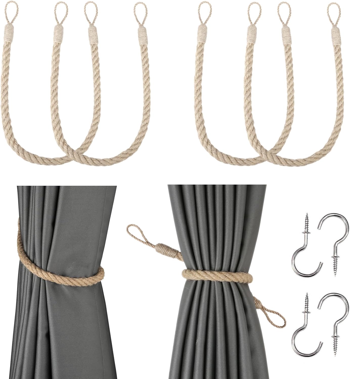 BEL AVENIR Curtain Ropes Tiebacks Tie-Backs, Curtain Handmade Holdbacks with 6 Metal Screw Hooks(Cream,6p)