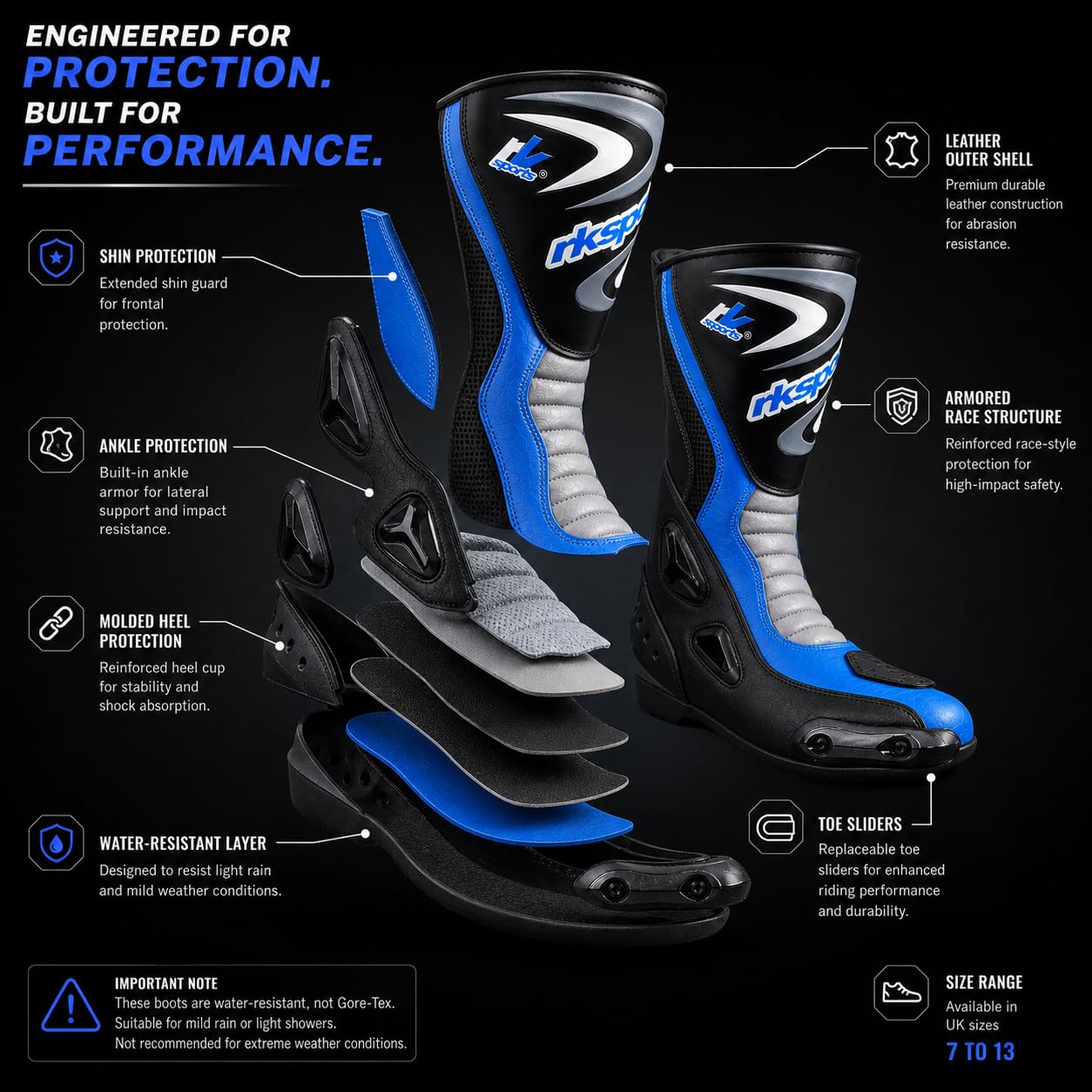 LV14 Bottes de moto en cuir blindé imperméables Noir/bleu/rouge