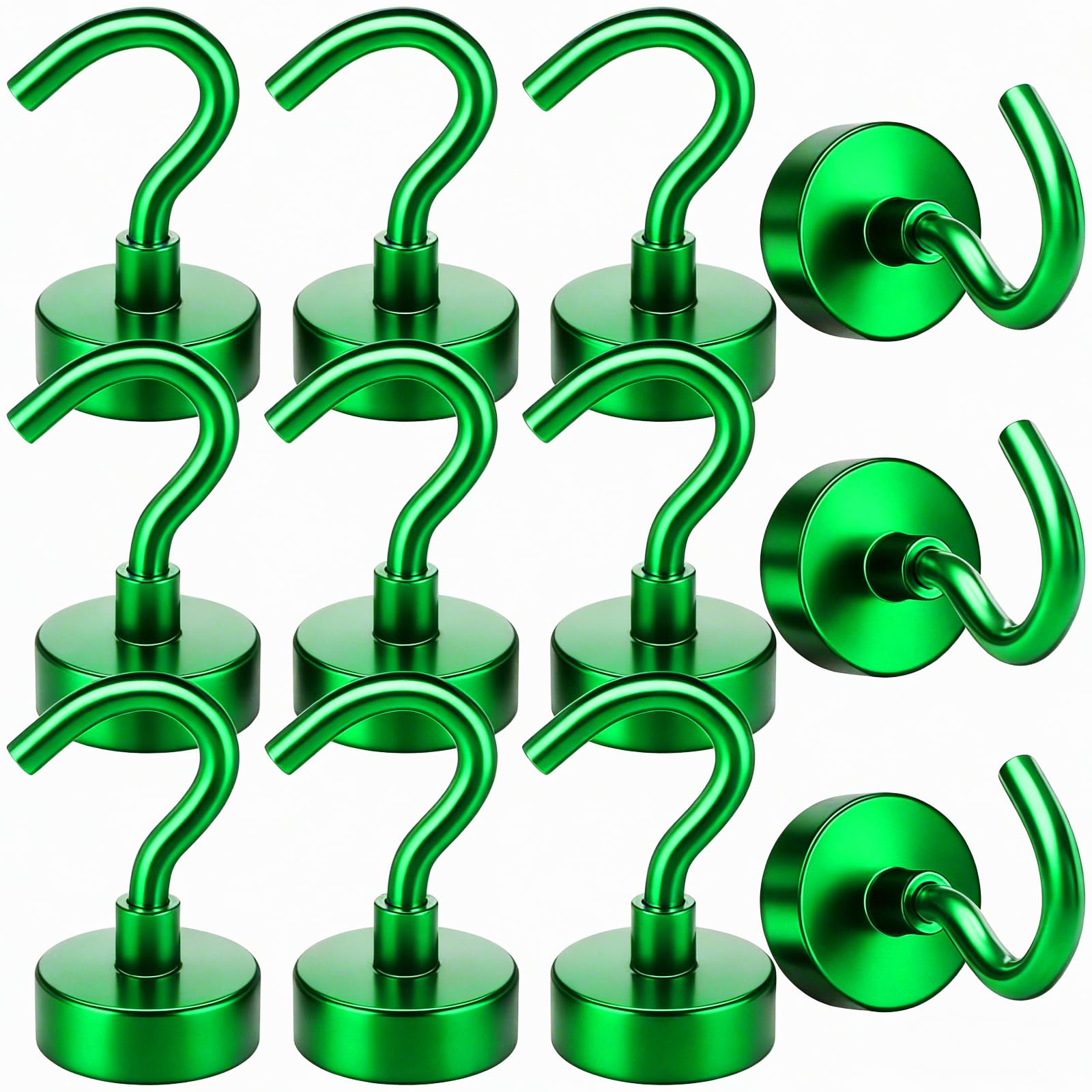 FINDMAG Magnetic Hooks for Cruise Cabins, 14kg Heavy Duty Magnet Hooks, 12 Pack Strong Magnetic Hooks for Fridge, Magnet Hook for Hanging, Kitchen, Bathroom, Garage, Grill（Green）