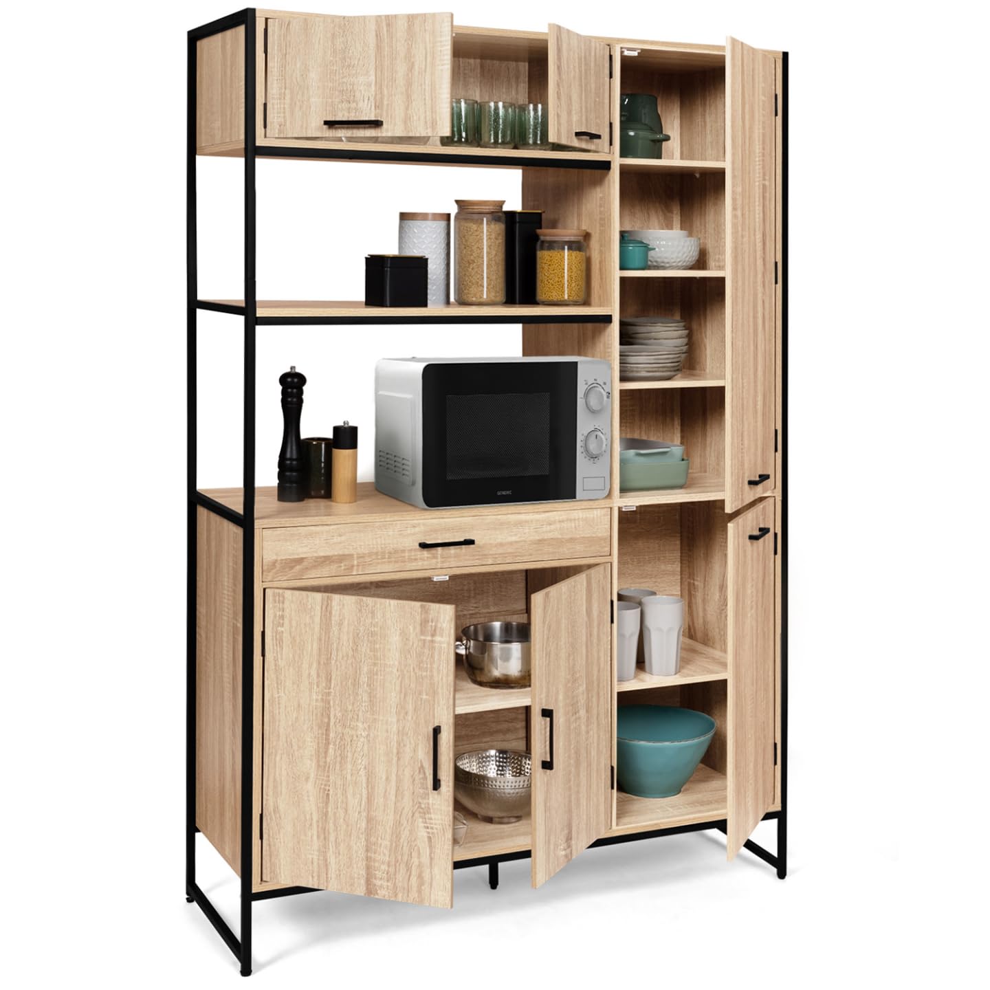 IDMarket - Aparador de cocina con columna de almacenamiento de 120 cm Detroit 6 puertas + cajón diseño industrial