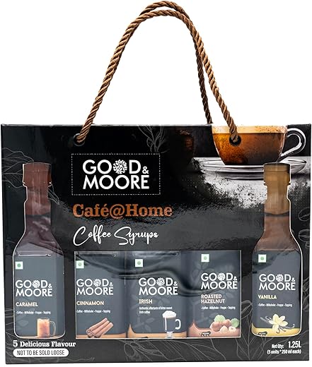 GOOD&MOORE Coffee Syrup Gift Pack | 5 Delicious Flavors | Ideal for Corporate Gifts, Diwali, Christmas, New Year, Festivals, Celebrations | Flavors – Roasted Hazelnut, Vanilla,…