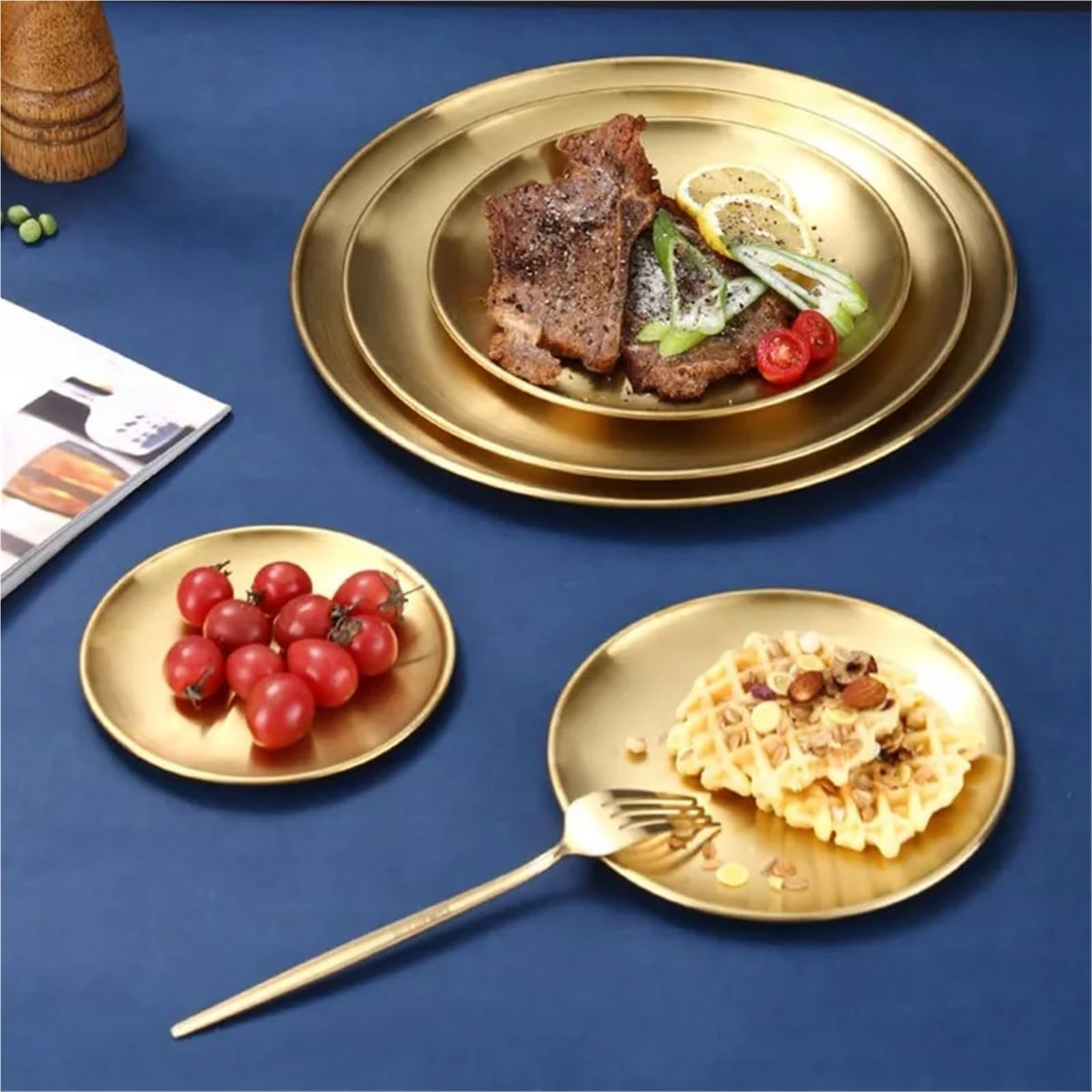 Vassoio da 3 Pezzi in Acciaio Inox, Piatto Portata Rotondo, Dessert, for Frutta e Carne per Cucina(Color2,23cm)