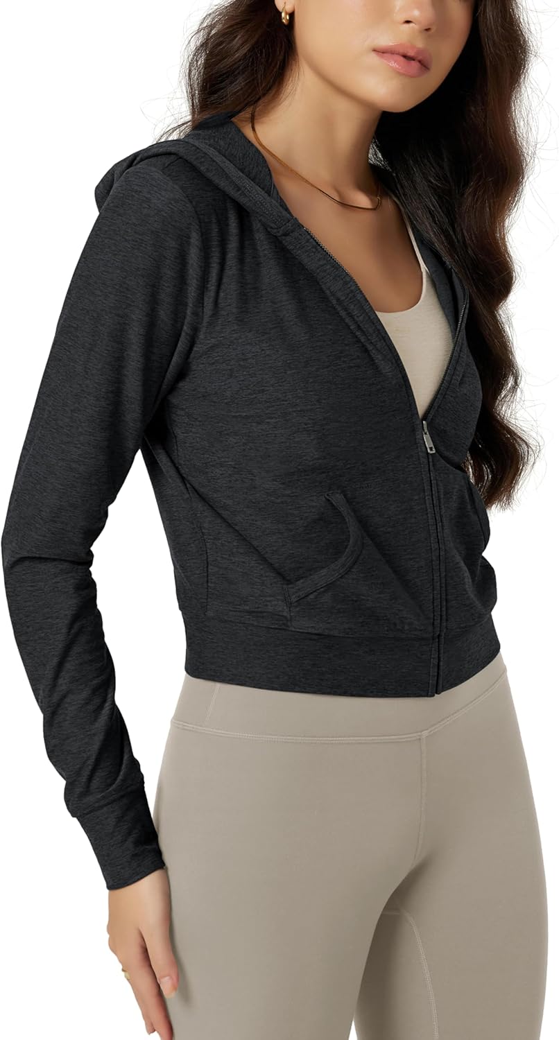 ODODOS Women's Full-Zip Cropped Hoodie - odSTRATUM Tech Ultra Soft UPF 50+ Hooded Jacket with Pockets