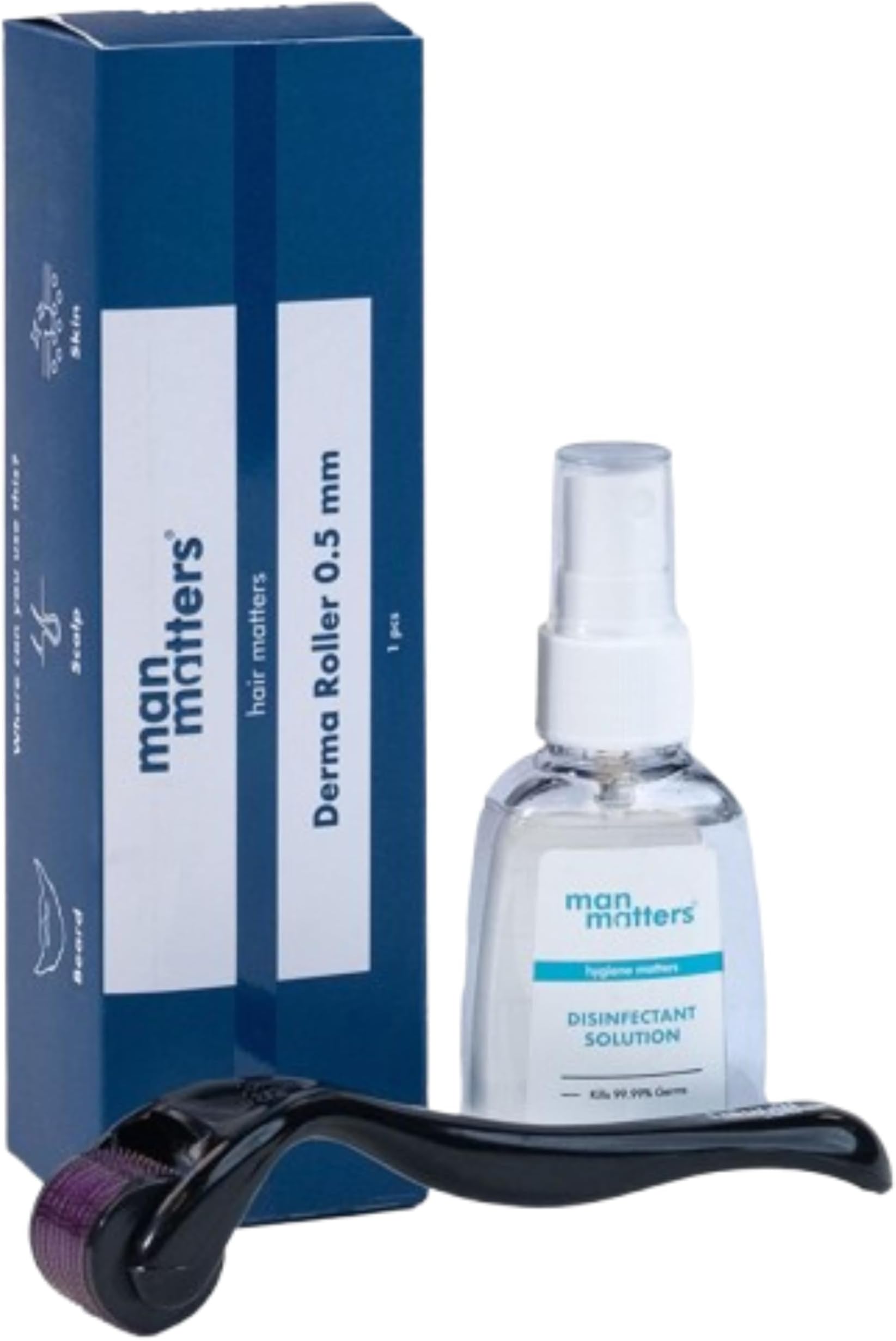 Man Matters Derma Roller With Disinfectant 540 Micro 0.5mm Titanium Alloy Needles Reduces Hair Fall & Stimulates Hair Follicles Easy to use Safe and Effective 1 Count (Pack of 1) Black