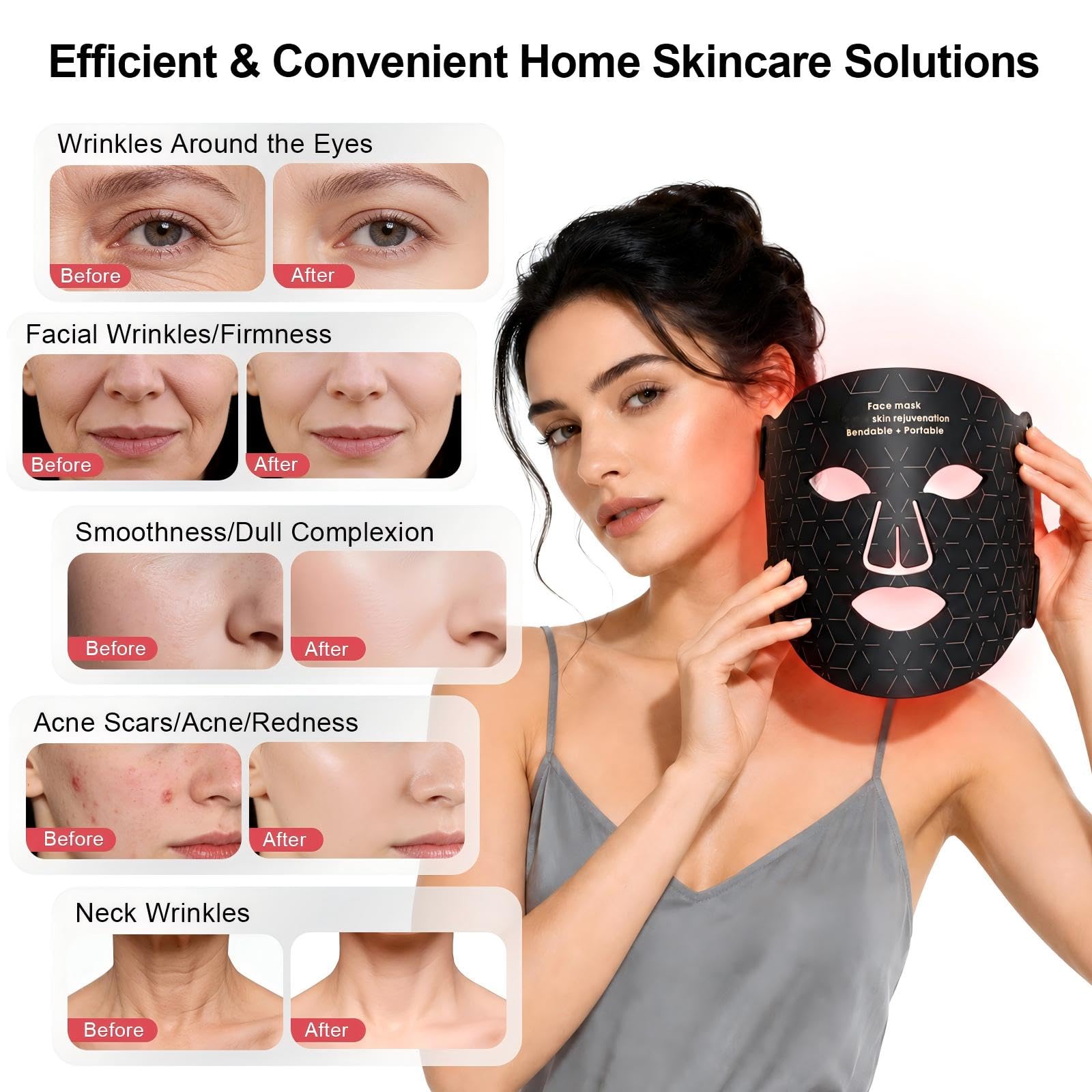 Masque LED Visage et Cou,Masque Luminothérapie Visage Anti Age,LED Face Mask en Silicone Souple,Masque Facial Infrarouge,Anti Rides,Rajeunissement,Adapté à tous les Types de Peau