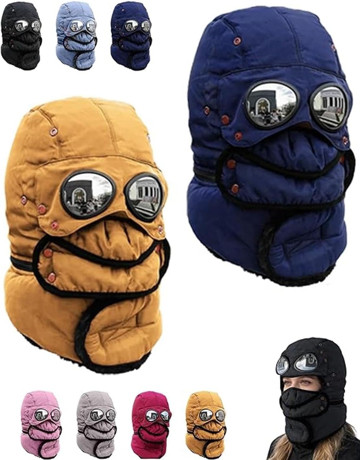 Winter Thermal Hat with Glasses Windproof Ski Mask Cap Fashion Warm Hat for Cycling, Trapper Beanie with Goggles Built in(Yellow+Blue)