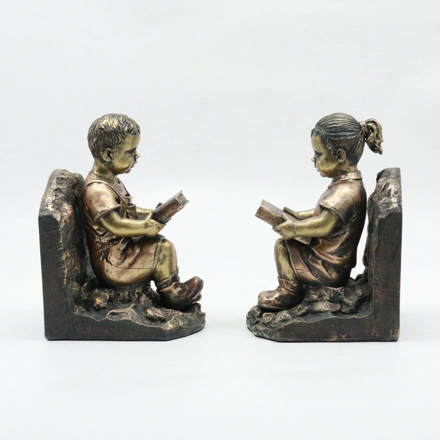 Lukitas Children Reading Bookends, Artistic Warm Home Decor Accent for Living Room, Kids Room, Home Office, Decorative Ornament Bookends, Vintage Bronze Finish, Set of 2, Resin