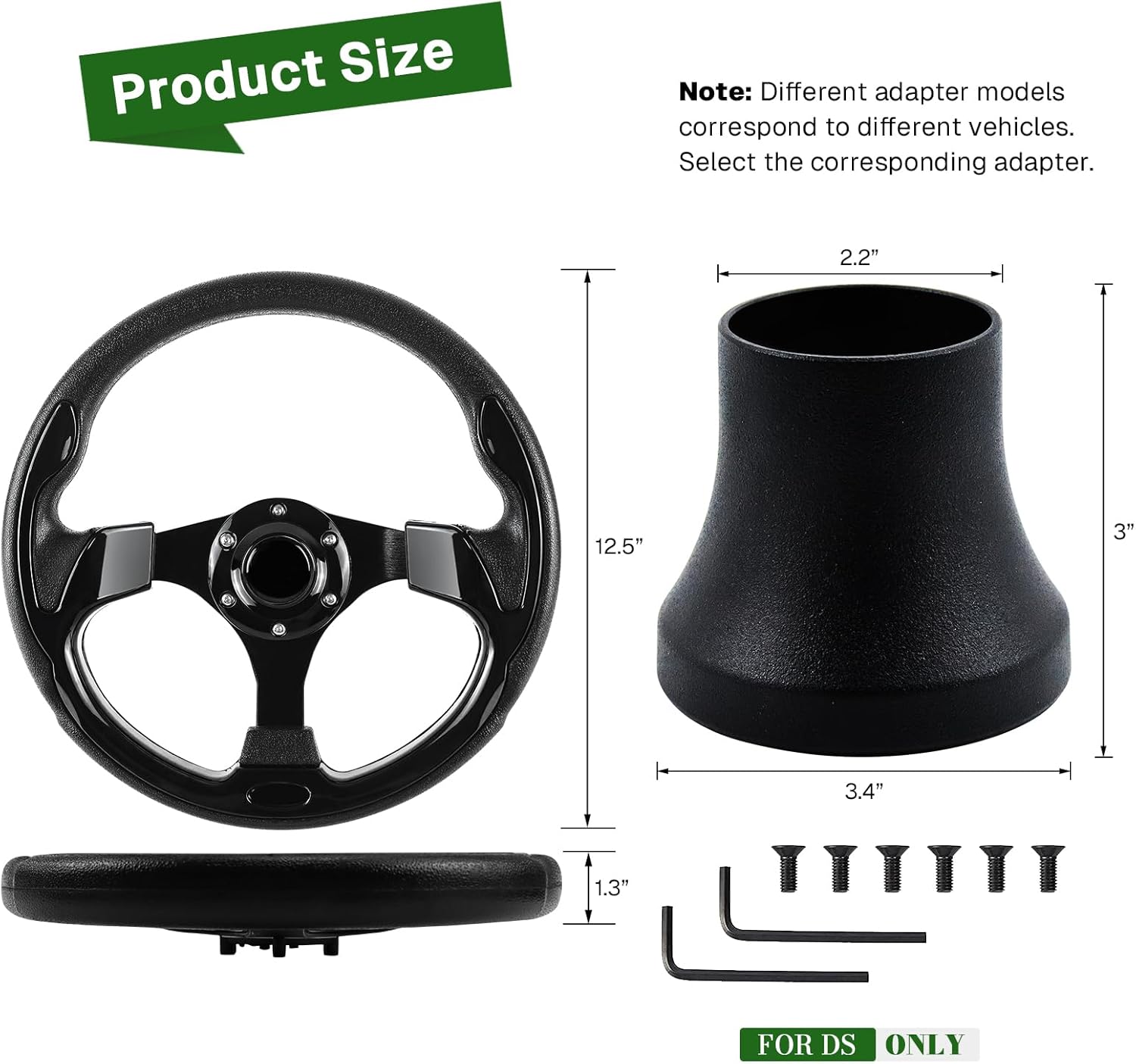 Golf Cart Steering Wheel and Golf Adapter for Club Car DS Golf Carts Bundle-(5156BLACK)