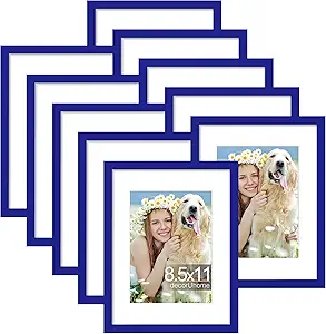 decorUhome 8.5 by 11 Picture Frame Set of 10, Display Photos 6x8 with Mat or 8.5x11 Unmatted for Picture Frames Collage Wall Decor, Royal Blue
