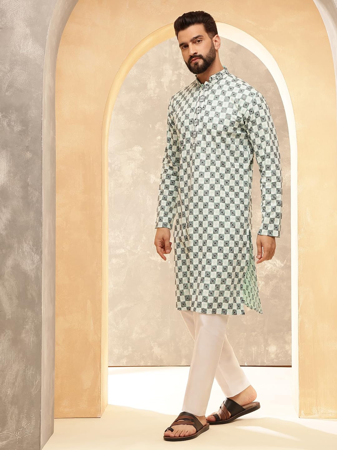 Sojanya (Since 1958 Men's Cotton Rayon Embroidered Sequinned Sea Green Kurta With White Pyjama