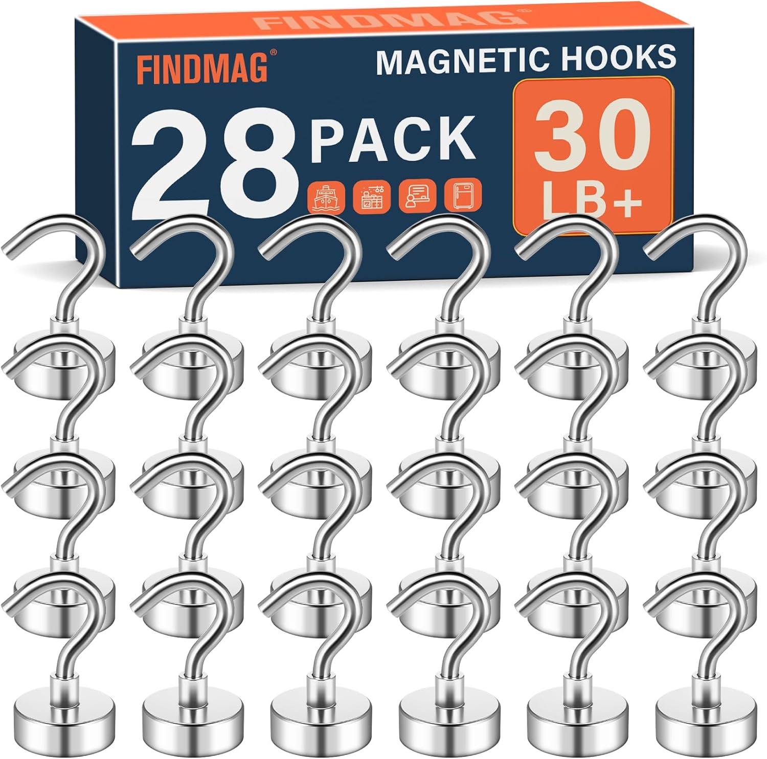 FINDMAG 28 Pack Magnetic Hooks, 30LB Strong Magnetic Hooks for Cruise Cabins, Heavy Duty Magnets with Hook for Cruise Essentials 2026, Hanging, Fridge, Locker, Door and Grill (Silver)