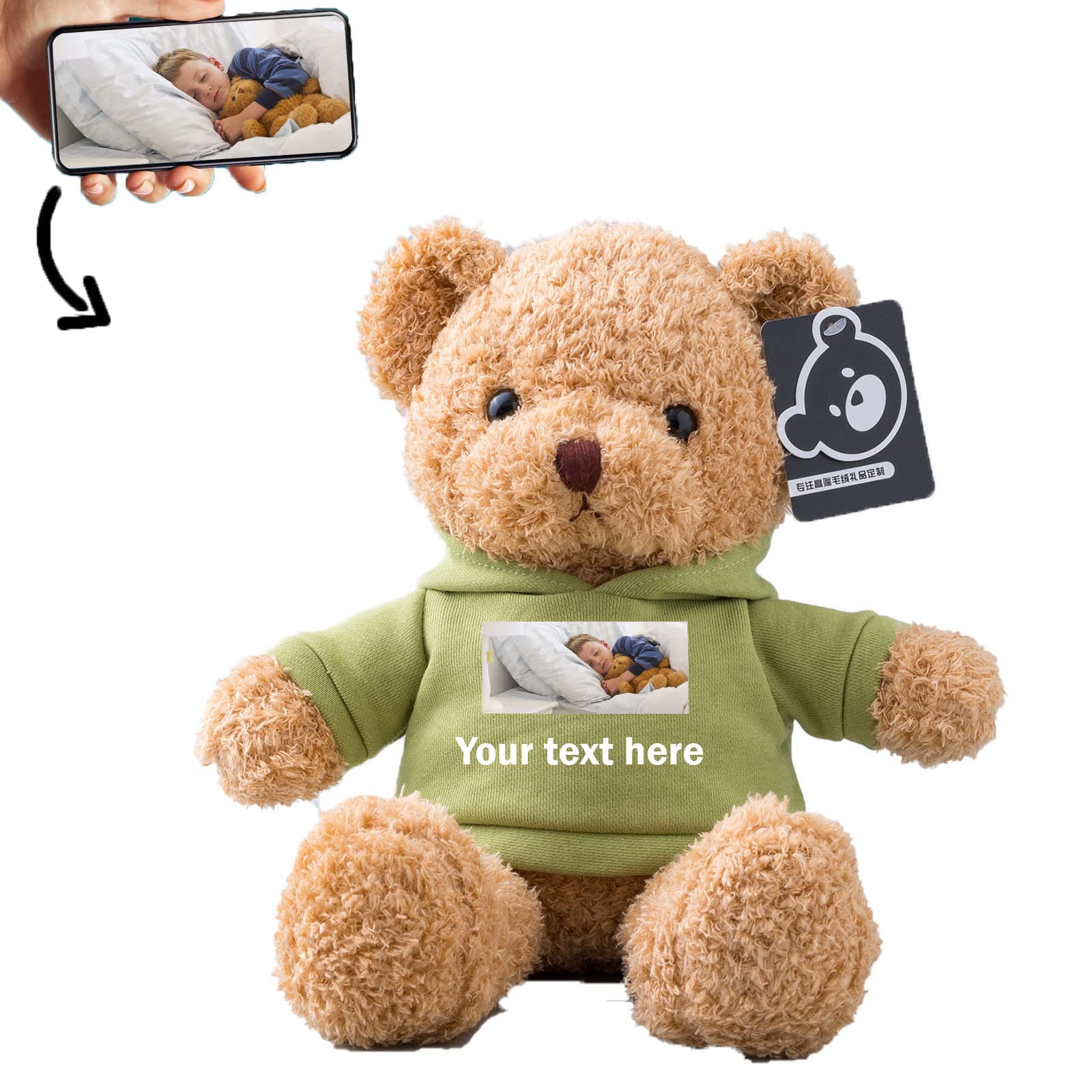 ADORSUN Personalised Teddy Bear Stuffed Animal with Photo+ Custom Text, Stuffed Bear as Personalised Gift for Women/Men on Valentines' Day/Birthday/Anniversary/Christmas(12inch-Hoodie-Green — image 1