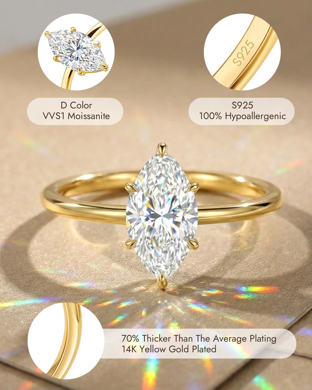 Marquise Moissanite Engagement Rings for Women 3CT Lab Grown Diamond D Color VVS1 925 Sterling Silver 14K Gold Plated Non Tarnish Wedding Band Bridal Jewelry Gifts Anniversary Promise Ring for Her 7.5