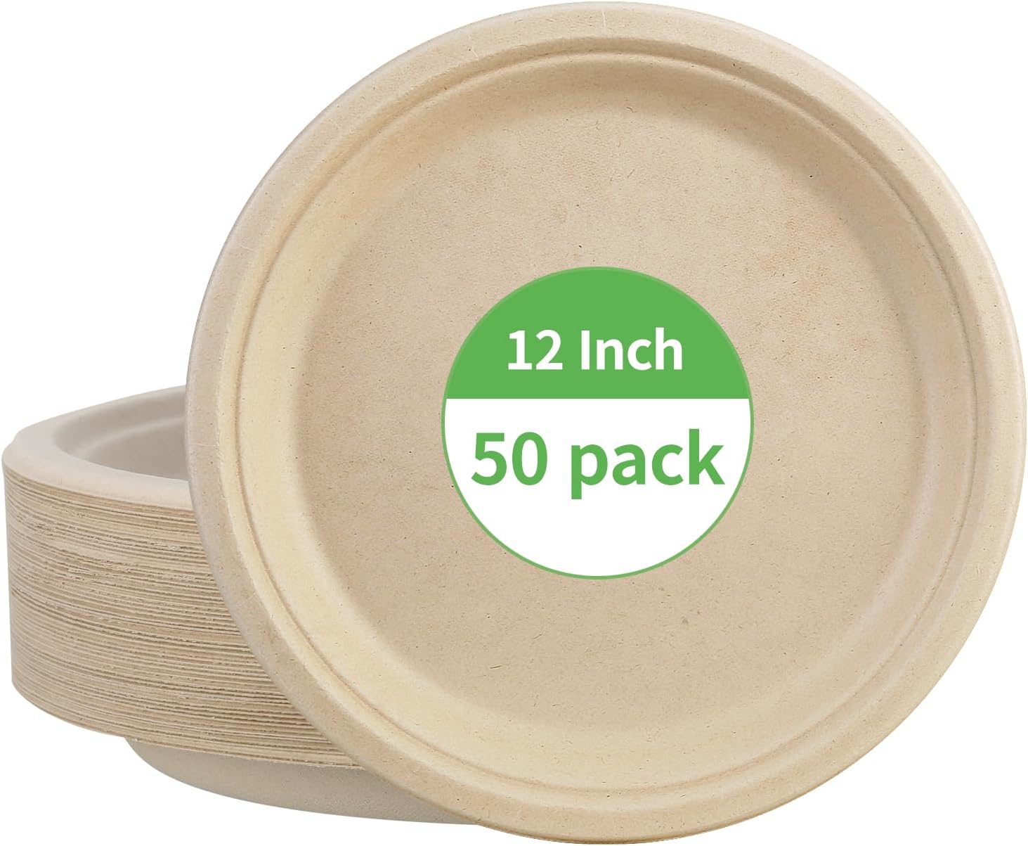 Paper Plates 12 Inch, 50 Count Heavy Duty Paper Plates, Disposable, Made of Sugarcane Fibers, Alternative to Plastic Plate, Cut-Resistant and Freezer-Safe, Ideal for Picnic, Party and Barbecues