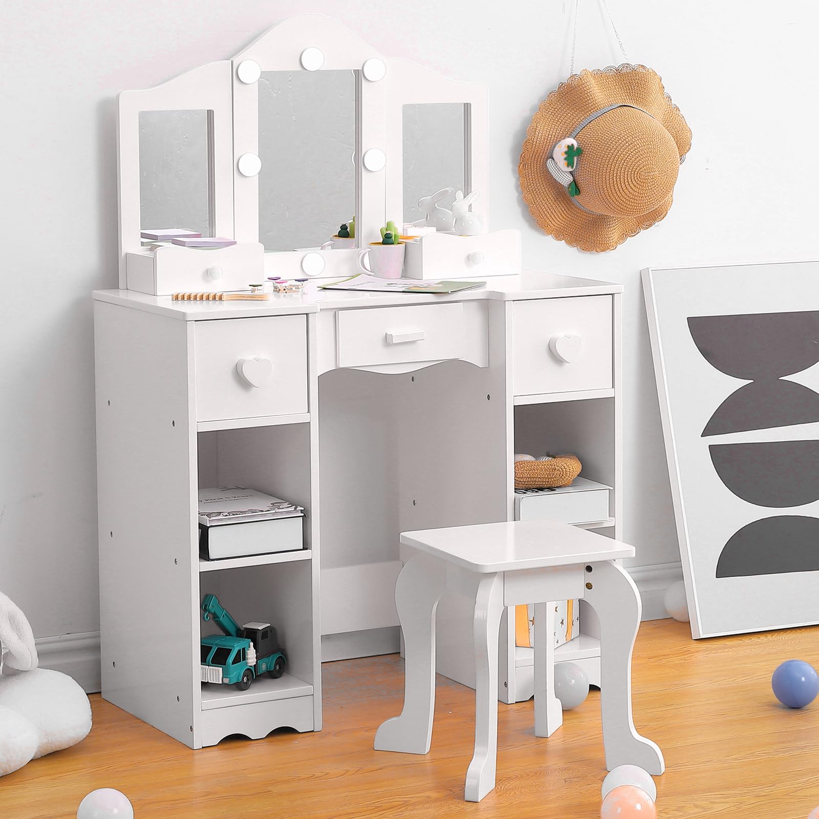 Coiffeuse Enfant Avec Tabouret – Miroir LED – Princesse – Moderne Blanc