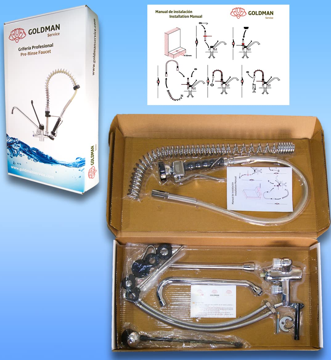 GOLDMAN SERVICE Industrial Miscelatore monocomando con leva a gomito lungo + Irrigatore spray + Beccuccio alto. Uso Ristorazione, Medico, Gerontologico