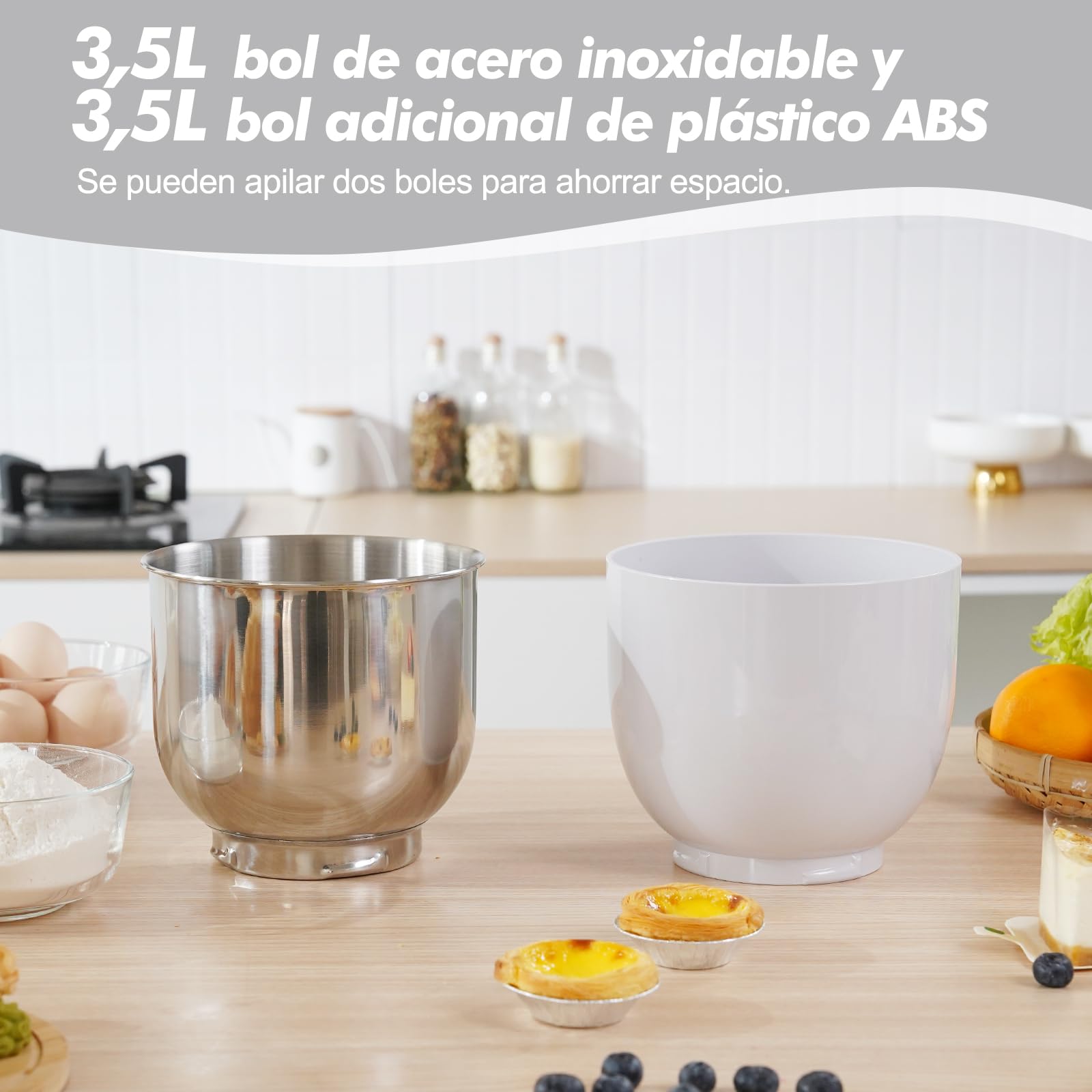 Kitchen in the box Batidora Amasadora, Pequeña Amasadora de Pan con 2 Boles de 3,5 L, 10 Velocidades, Robot de Cocina Ligero con Batidor, Gancho Amasador y Batidora Mezcladora (Blanco Glaciar)