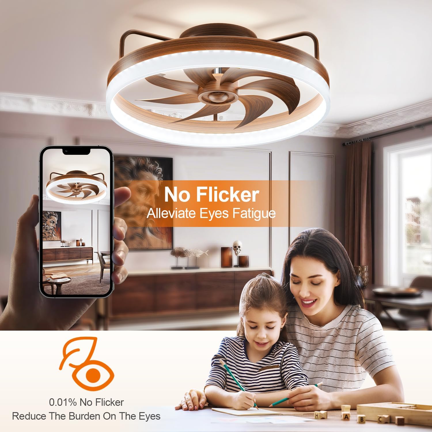 KDZ Low Profile Ceiling Fans with Lights and Remote, 20'' Fandelier Ceiling Fans with Remote App, Flush Mount Wooden Ceiling Light with 6 Speeds for Bedroom Living Room (Wood Finish)