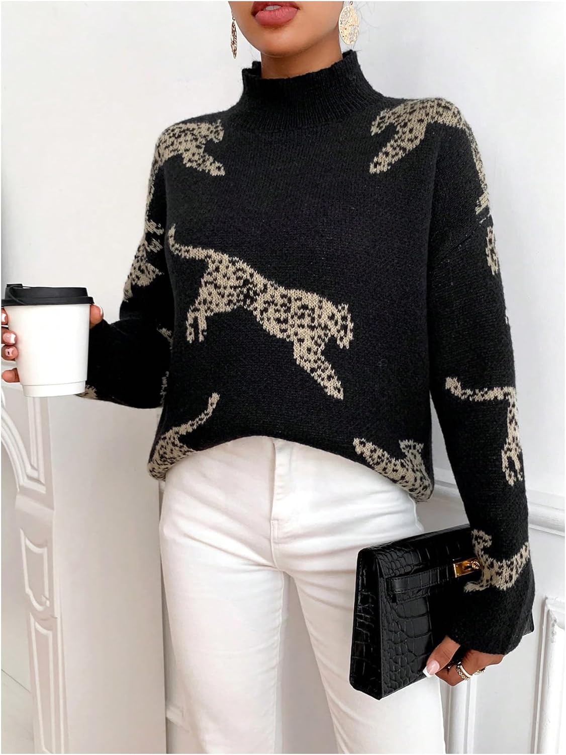 WDIRARA Women's Leopard Tiger Print Sweater High Neck Long Sleeve Fuzzy Knitted Pullover Top - Image 6