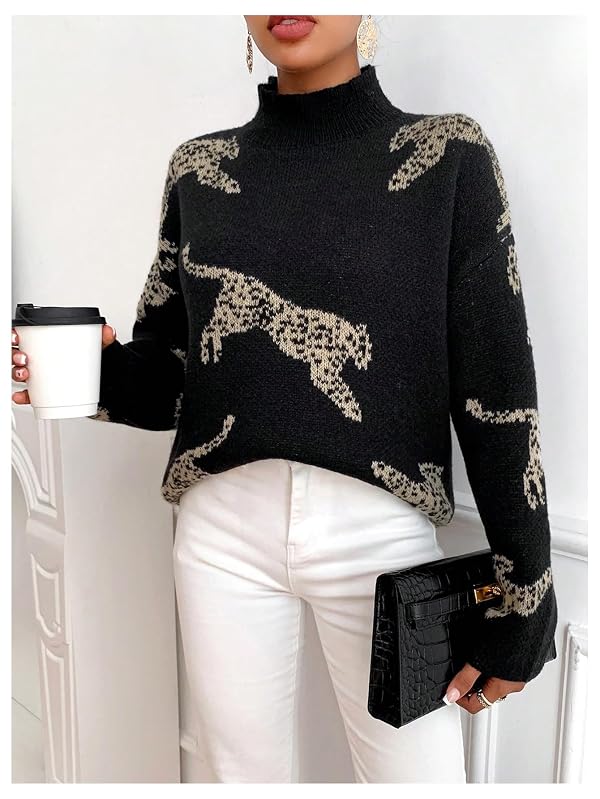 WDIRARA Women's Leopard Tiger Print Sweater High Neck Long Sleeve Fuzzy Knitted Pullover Top Black X-Large by WDIRARA - Used condition - Image 5