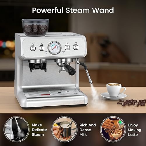 Miniatura 5 de Máquina de café expreso con molinillo, máquinas de café expresso semiautomáticas de acero inoxidable de 20 bares, con un espumador de leche, varita