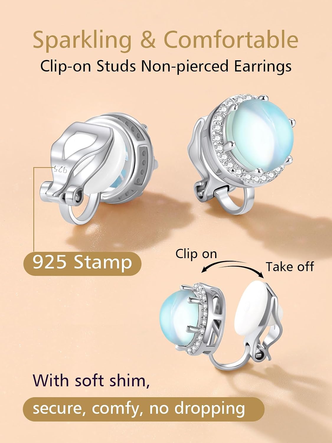 FindChic 925 Sterling Silver Non-Pierced Stud Earrings Round Birthstone Clip-on Earrings for Women Sparkling Zirconia/Moonstone Studs, with Gift Box