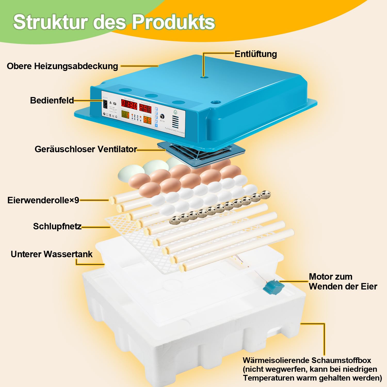 Incubadora totalmente automática, incubadora para 64 huevos de gallina con control de temperatura y humedad, sistema automático de giro de 90 minutos, transluminancia LED y funcionamiento con