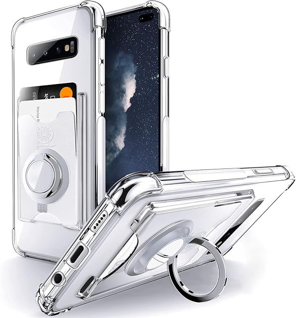 Shields Up Designed for Galaxy S10 Plus Case, Samsung S10 Plus Minimalist Wallet Case with Ring Kickstand and Card Holder, Shockproof Bumper TPU Transparent Slim Cover for Sam Galaxy S10 Plus - Clear