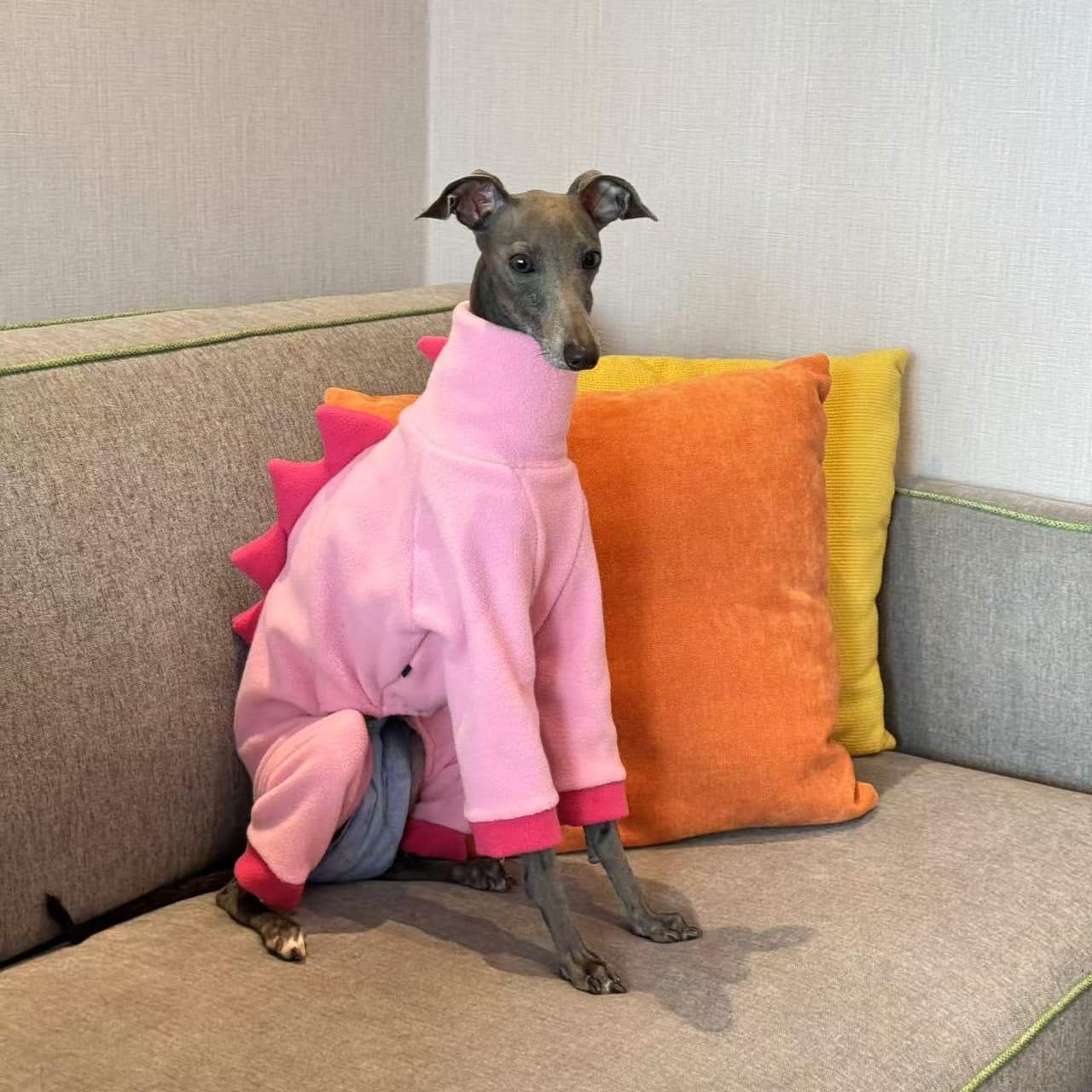 Italian Greyhound & Whippet Dog Fleece Dinosaur Onesie, Cozy Turtleneck Costume Outfit (Pink, Large)