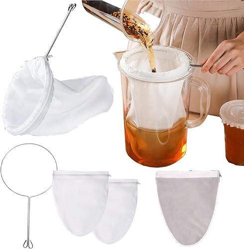 Paños de queso para colar con asa, 3 coladores de malla extra fina reutilizables, 2 bolsas de leche de nueces de algodón y 1 bolsa de filtro de