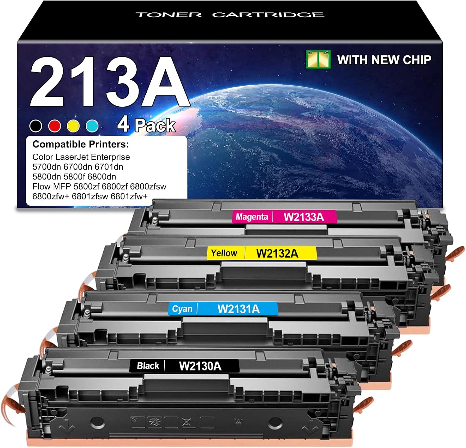 213A Toner Cartridge 4 Pack with Chip Compatible for 213A 213X W2130X W2130A for Color LJ Enterprise 5700dn MFP 5800dn 6701 6700 6800 6801 dn Flow MFP 5800 6800 Series Printer