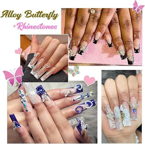 Miniatura 5 de Dijes para uñas de mariposa plateada, 40 dijes 3D para uñas acrílicas, 20 gemas de diamantes de imitación de mariposas + 20 tachuelas de aleación,