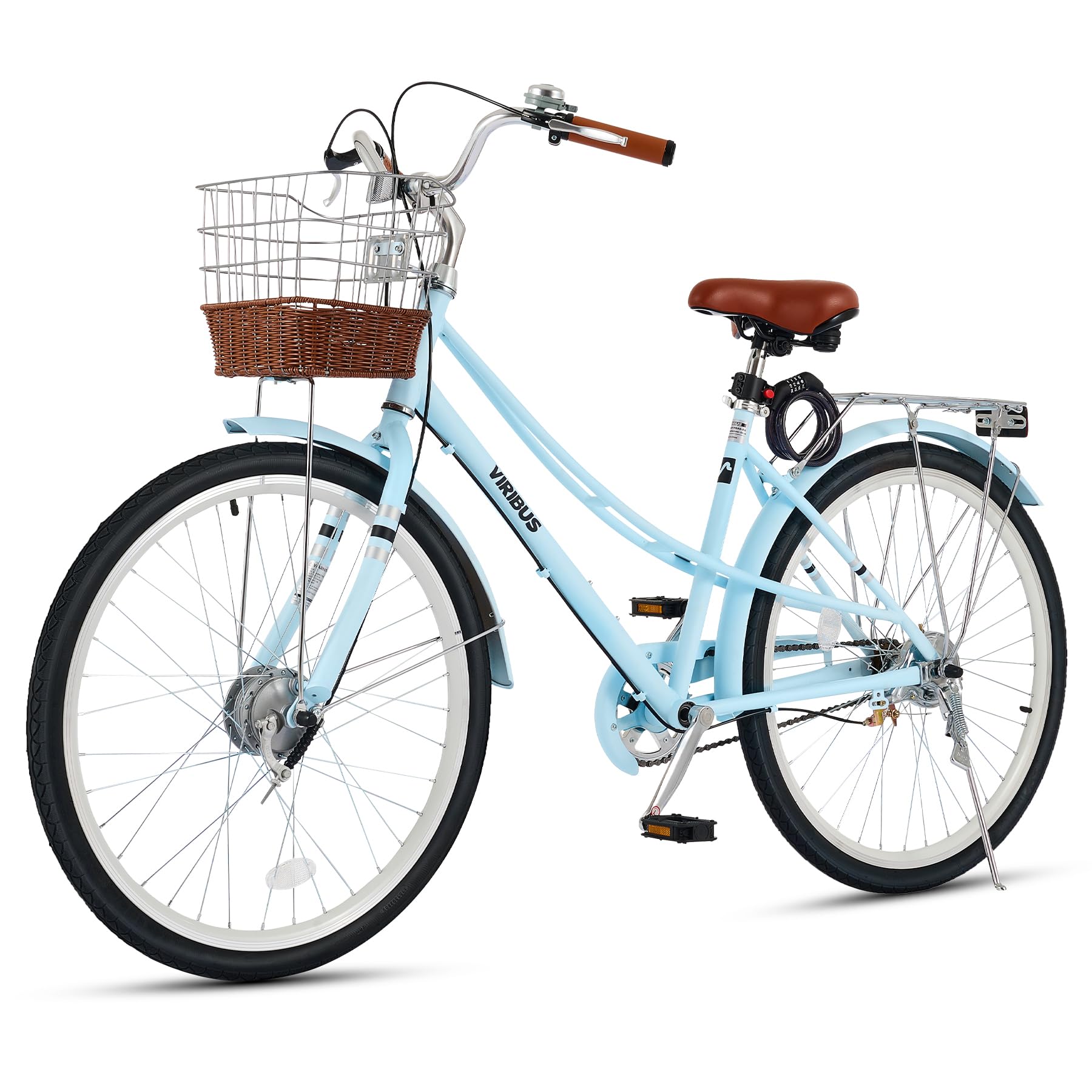 Viribus Beach Cruiser Bike for Women, Step Through Bike with Ratten Basket, Rack & Lock, 24 26 inch 1 Speed, City Commuter Cruiser Bike, Adult Bicycle for Short Ladies Female Seniors 330 lb.